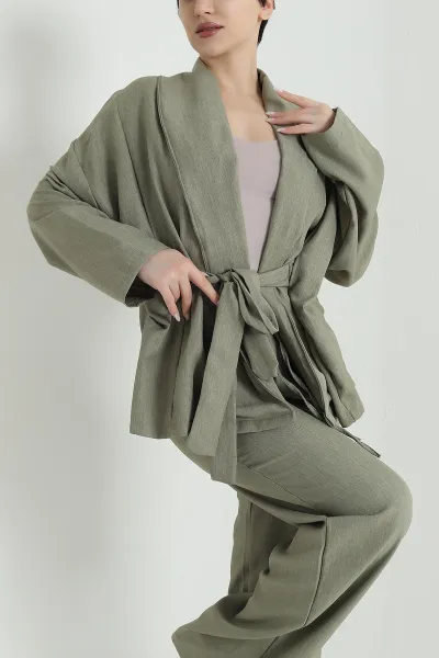 Fıstık Yeşili Oversize Keten Kadın İkili Takım 446550
