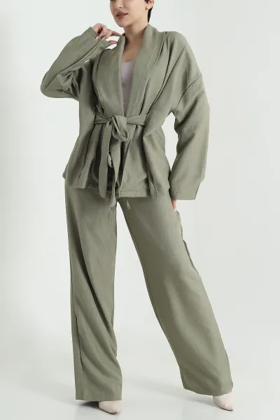 Fıstık Yeşili Oversize Keten Kadın İkili Takım 446550