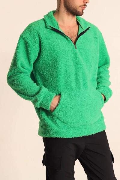 Fıstık Yeşili Oversize Yarım Fermuar Kanguru Cepli Kuzu Polar Sweatshirt 218468
