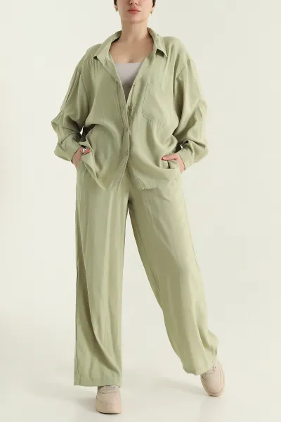 Fıstık Yeşili Pantolon Gömlek Modal Kadın İkili Takım 433951