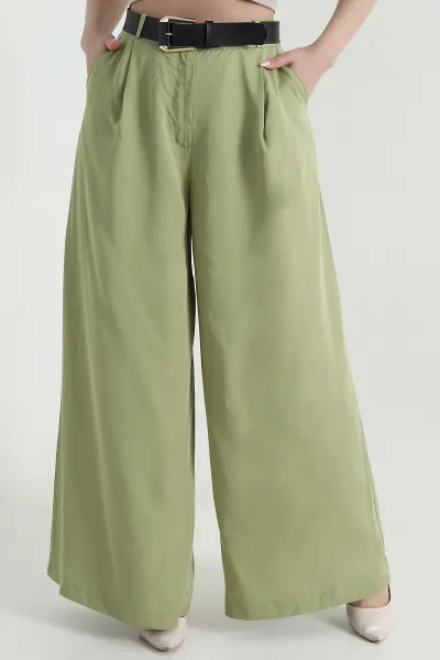 Fıstık Yeşili Pileli Cepli Bol Paça Tencel Kadın Pantolon 459093