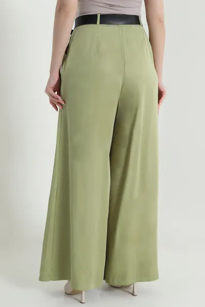Fıstık Yeşili Pileli Cepli Bol Paça Tencel Kadın Pantolon 459093