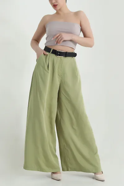 Fıstık Yeşili Pileli Cepli Bol Paça Tencel Kadın Pantolon 459093