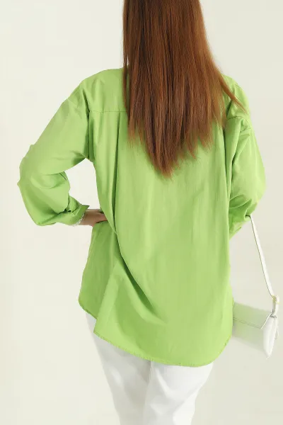 Fıstık Yeşili Poplin Kumaş Gizli Pat Kadın Gömlek 360961