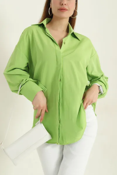Fıstık Yeşili Poplin Kumaş Gizli Pat Kadın Gömlek 360961