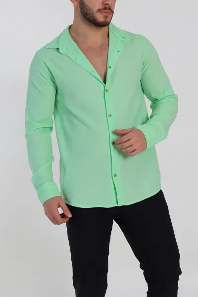 Fıstık Yeşili Slim Fit Petek Dokulu Uzun Kollu Erkek Gömlek 325208