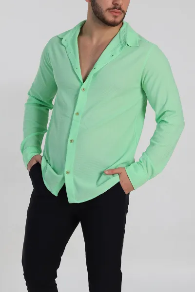 Fıstık Yeşili Slim Fit Petek Dokulu Uzun Kollu Erkek Gömlek 325208