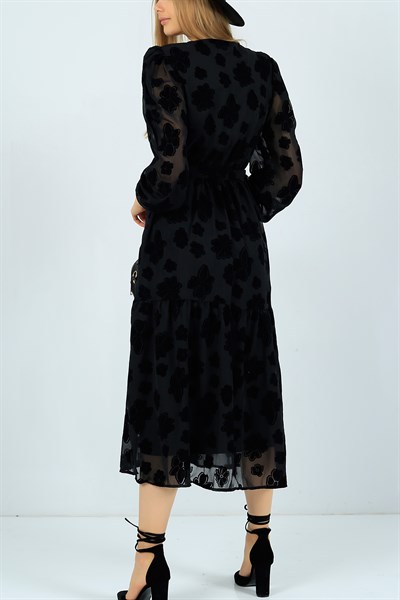 Flok Basılı Siyah Şifon Elbise 24459B