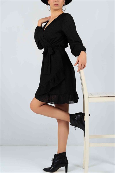 Flok Baskı Siyah Şifon Elbise 22989B