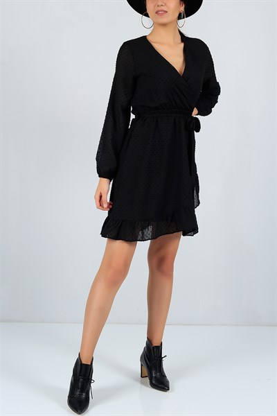 Flok Baskı Siyah Şifon Elbise 22989B