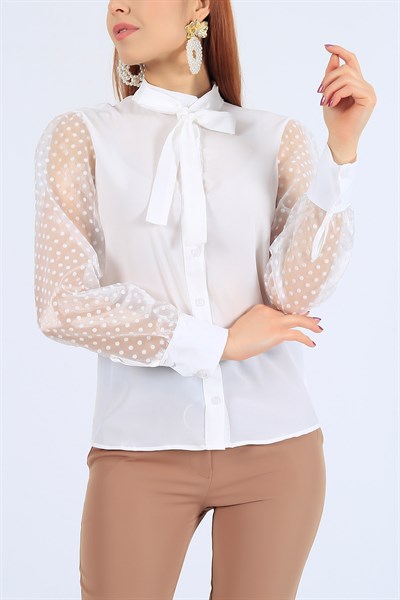 Flok Baskılı Beyaz Gömlek Bluz 26519B