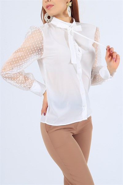 Flok Baskılı Beyaz Gömlek Bluz 26519B