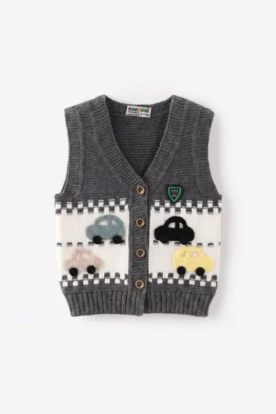 Füme (0-5 Yaş) Araba Motifli Triko Erkek Çocuk&Bebek Yelek 474868
