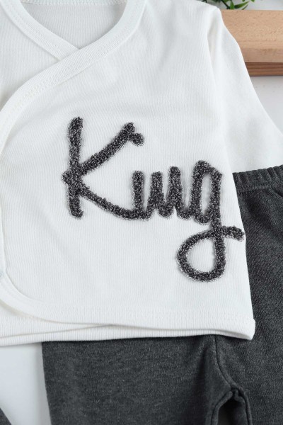 Füme (0-6 Ay) King Nakışlı Çıtçıtlı Erkek Bebe Takım 201173