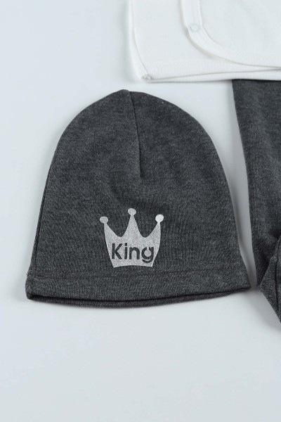 Füme (0-6 Ay) King Nakışlı Çıtçıtlı Erkek Bebe Takım 201173