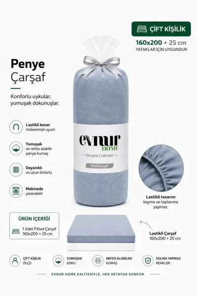 Füme 160x200+25 Cm  Evnur Home Penye Çift Kişilik Fitted (Lastikli) Çarşaf 467371