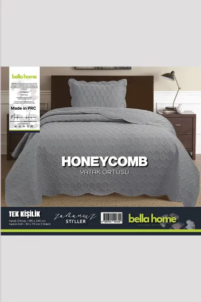 Füme 180x240 Cm Bella Home Tek Kişilik Honeycomb 3D Yatak Örtüsü 395088