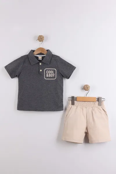 Füme (2-10  Yaş) Polo Yaka Cool Boy Baskılı Tişörtlü Gabardin Şortlu Erkek Çocuk Yazlık 2'li Takım 454619