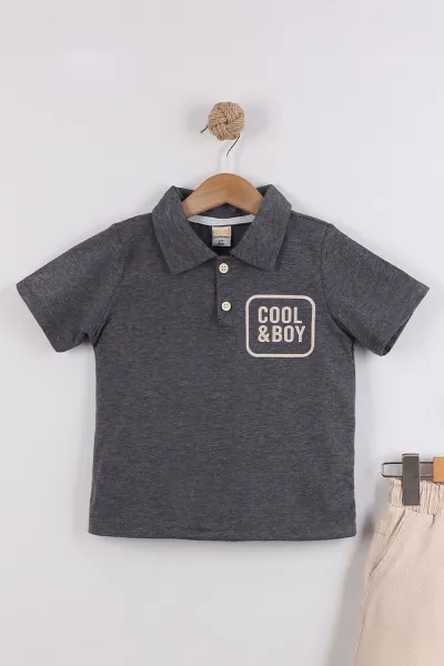 Füme (2-10  Yaş) Polo Yaka Cool Boy Baskılı Tişörtlü Gabardin Şortlu Erkek Çocuk Yazlık 2'li Takım 454619