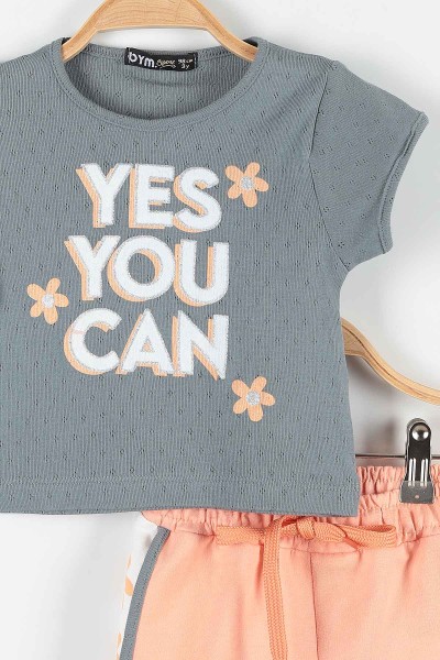 Füme (2-6 Yaş) Yes You Can Baskılı Şortlu Kız Çocuk Takım 171443