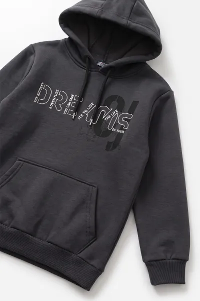 Füme (4-12 Yaş) Dreams Baskılı Kapüşonlu ve Kanguru Cepli  3 İp Şardonlu Erkek Çocuk Sweatshirt 496869