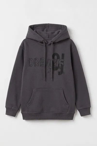 Füme (4-12 Yaş) Dreams Baskılı Kapüşonlu ve Kanguru Cepli  3 İp Şardonlu Erkek Çocuk Sweatshirt 496869