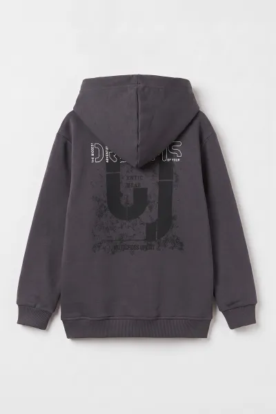 Füme (4-12 Yaş) Dreams Baskılı Kapüşonlu ve Kanguru Cepli  3 İp Şardonlu Erkek Çocuk Sweatshirt 496869