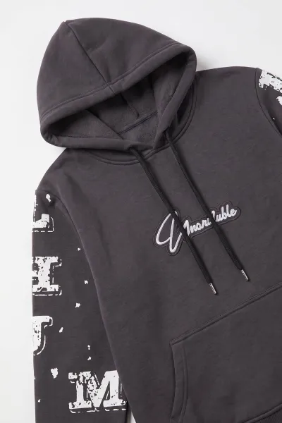 Füme (4-12 Yaş) Nakışlı Kapüşonlu ve Kanguru Cepli  3 İp Şardonlu Erkek Çocuk Sweatshirt 496875