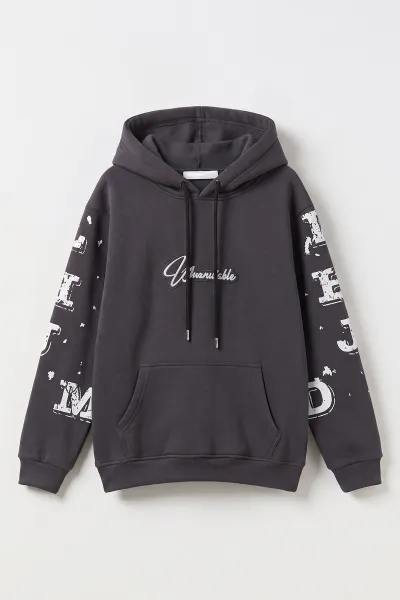 Füme (4-12 Yaş) Nakışlı Kapüşonlu ve Kanguru Cepli  3 İp Şardonlu Erkek Çocuk Sweatshirt 496875