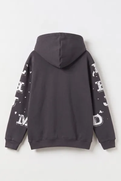 Füme (4-12 Yaş) Nakışlı Kapüşonlu ve Kanguru Cepli  3 İp Şardonlu Erkek Çocuk Sweatshirt 496875