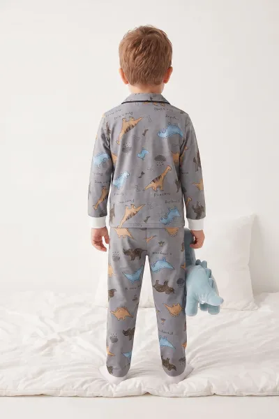 Füme (4-12 Yaş)Karakter  Desenli   Uzun Kol  Ön Düğmeli  Erkek  Çocuk Pijama Takım 473677