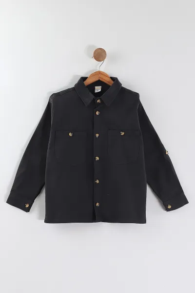 Füme (4-13 Yaş)  Çift Cepli Oversize Kalıp Erkek Çocuk Gabardin Gömlek 442189
