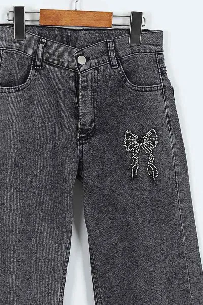 Füme (5-10 Yaş)Boncuklu Fiyonk Nakışlı Kız Çocuk Kot Pantolon 415241