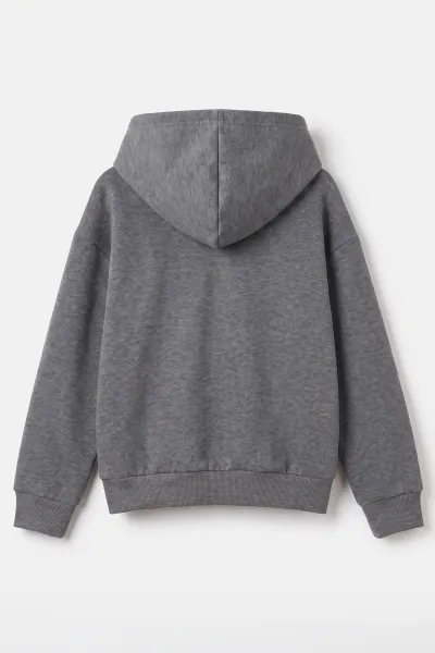 Füme (5-12 Yaş) Baskısız Fermuarlı Kapüşonlu 3 ip Şardonlu Erkek Çocuk Sweatshirt 483578