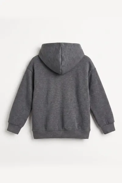 Füme (5-12 Yaş) Baskısız Kapüşonlu 3 İp Şardonlu Erkek Çocuk Sweatshirt 481765
