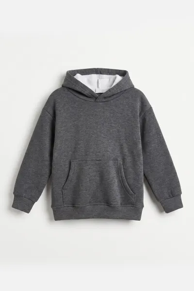 Füme (5-12 Yaş) Baskısız Kapüşonlu 3 İp Şardonlu Erkek Çocuk Sweatshirt 481765