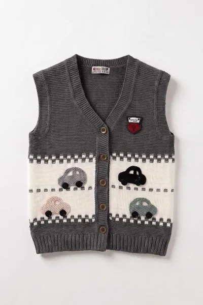 Füme (5-8 Yaş) Araba Motifli  Erkek Çocuk Triko Yelek 474212