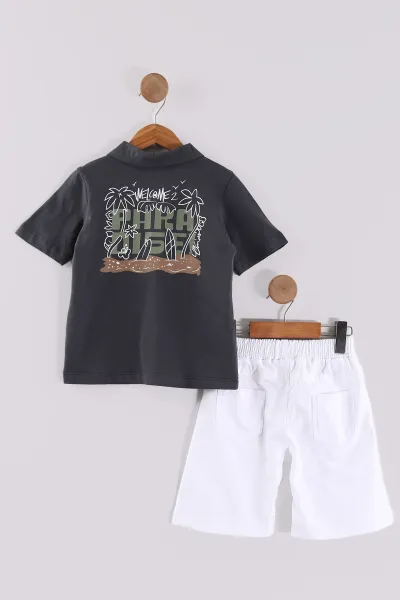 Füme (7-11 Yaş) Surf Tribe Baskılı Gömlek Yaka Tişörtlü   Gabardin  Şortlu Erkek Çocuk Yazlık Takım 441760