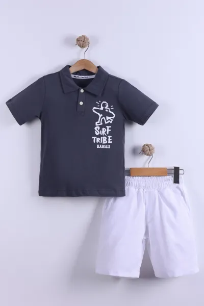 Füme (7-11 Yaş) Surf Tribe Baskılı Gömlek Yaka Tişörtlü   Gabardin  Şortlu Erkek Çocuk Yazlık Takım 441760