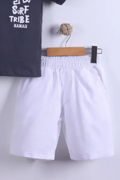 Füme (7-11 Yaş) Surf Tribe Baskılı Gömlek Yaka Tişörtlü   Gabardin  Şortlu Erkek Çocuk Yazlık Takım 441760