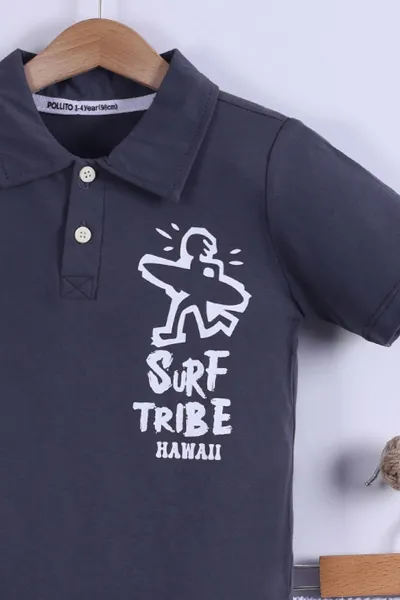 Füme (7-11 Yaş) Surf Tribe Baskılı Gömlek Yaka Tişörtlü   Gabardin  Şortlu Erkek Çocuk Yazlık Takım 441760