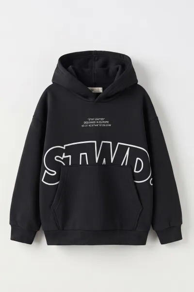Füme (9-16 Yaş) Kapüşonlu İçi Şardonlu Erkek Çocuk Sweatshirt 500376