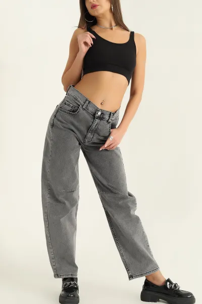 Füme Baggy Likralı Bayan Kot Pantolon 306876