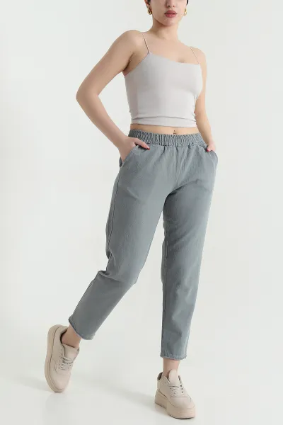 Füme Bel Lastikli Cep Detay Gabardin Kadın Pantolon 440780
