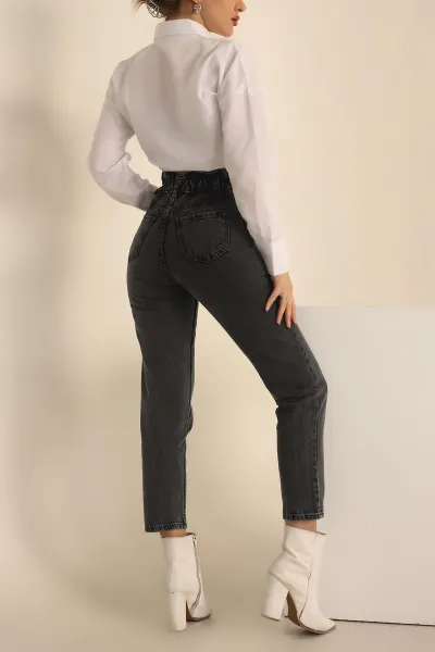 Füme Beli Lastikli Mom Bayan Kot Pantolon 232467