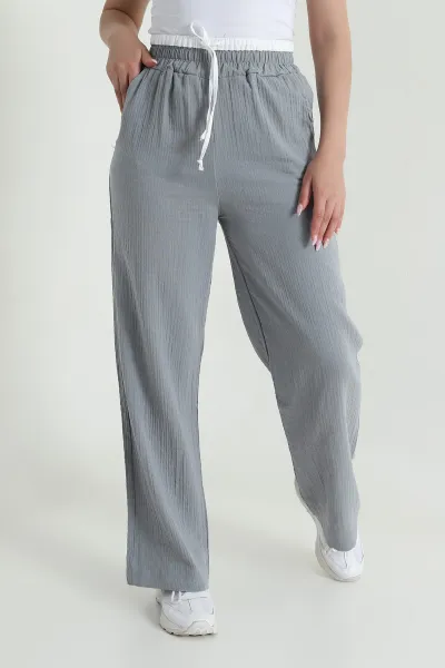 Füme Beli Lastikli Müslin Keten Kadın Pantolon 463636