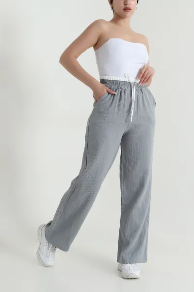 Füme Beli Lastikli Müslin Keten Kadın Pantolon 463636