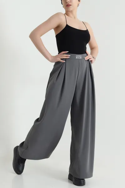 Füme Beli Lastikli Palazzo Kadın Poliviskon Pantolon 448562