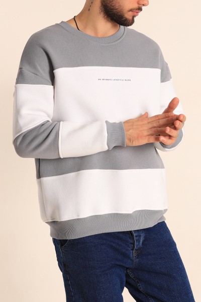 Füme Beyaz Oversize Üç İp Şardonlu Kabartma Yazılı Erkek Sweatshirt 222558