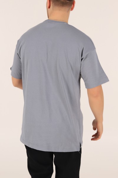 Füme Cep Detaylı Yandan Yırtmaçlı Oversize Tişört 165220